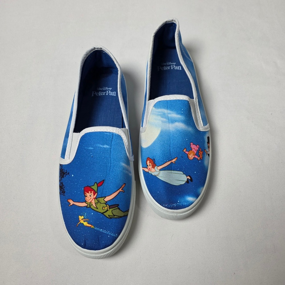 Disney Peter Pan‎ Slip On Sneakers Women Size 9 Blue White Flying Scene Graphic